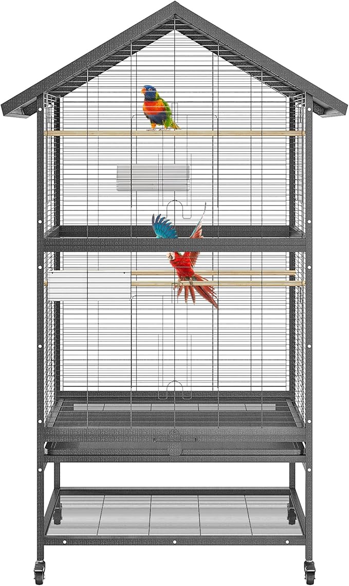 65.7" Large Double Parrot Cage, Bird Cage with Rolling Stand, 4 Perches & Bowls, Outdoor Bird Flight Cages for Parakeets, Conures, Cockatoos, Canaries, Lovebirds - Black