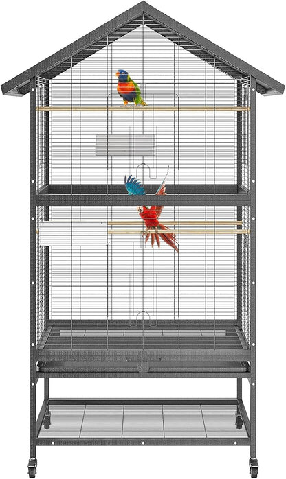 65.7" Large Double Parrot Cage, Bird Cage with Rolling Stand, 4 Perches & Bowls, Outdoor Bird Flight Cages for Parakeets, Conures, Cockatoos, Canaries, Lovebirds - Black