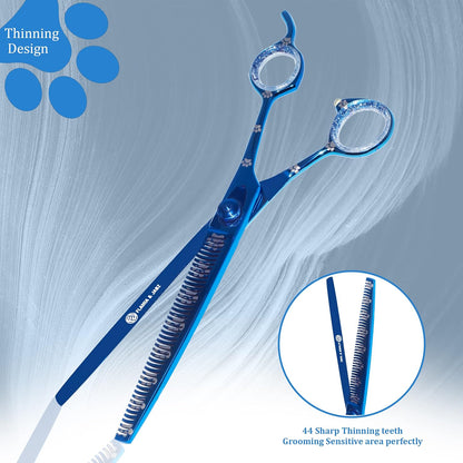 Professional Dog Grooming Thinning Scissors/Blender Shears with Paw Prints for Dogs, Cats & Pets (Right Handed, Blue, Stainless Steel 8 Inch)