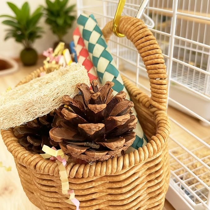 Natural Bird Toy Rattan Bird Foraging Box Parrot Shredding Toys Box Conure Chewing Toys for Cockatiel Lovebird Parakeet Budgie (Semi-Round 5.5inch)