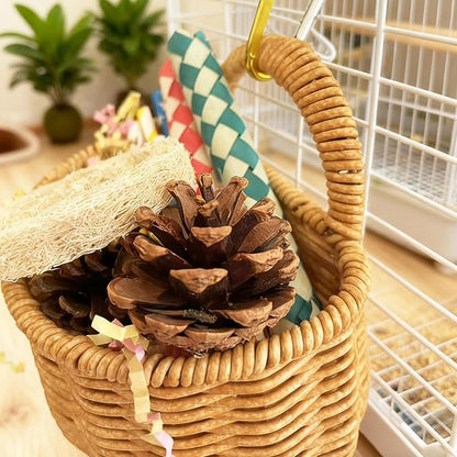 Natural Bird Toy Rattan Bird Foraging Box Parrot Shredding Toys Box Conure Chewing Toys for Cockatiel Lovebird Parakeet Budgie (Semi-Round 5.5inch)