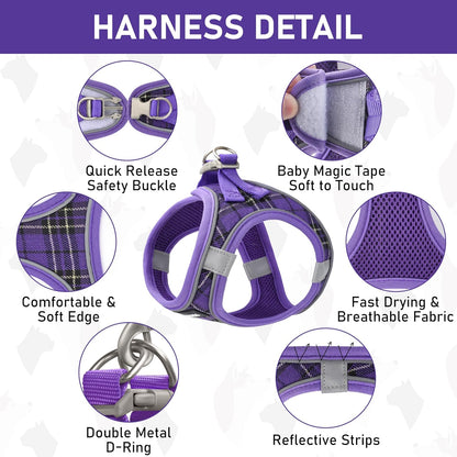 GAMUDA Small Dog Harness Collar and Leash Set, Step in No Chock No Pull Soft Mesh Adjustable Dog Vest Harnesses Plaid Reflective for Dogs Puppy Cats Kitten Rabbit (Purple, XL)