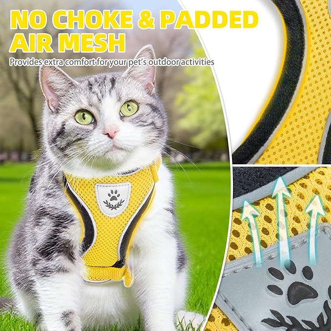 PUPTECK Cat Harness and Leash Set Escape Proof Reflective Cat Walking Harness Adjustable Soft Breathable Mesh Vest for Small Pets, Yellow, S