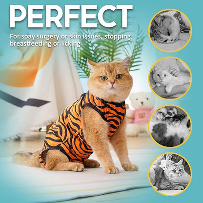 Avont Cat Recovery Suit - Kitten Onesie for Cats After Surgery, Cone of Shame Alternative Surgical Spay Suit for Female Cat, Post-Surgery or Skin Diseases Protection -Tiger(M+)