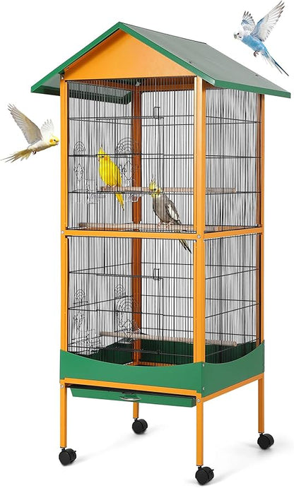Garvee Bird cage, 66''H Extra Large Bird Cage, w/Removeble Tray, Waterproof Roof, Easy to Clean, Lockable Caster, Indoor& Outdoor Application for Conure,Macaw,Budgie,Cockatiel,Lovebirds,Parakeet