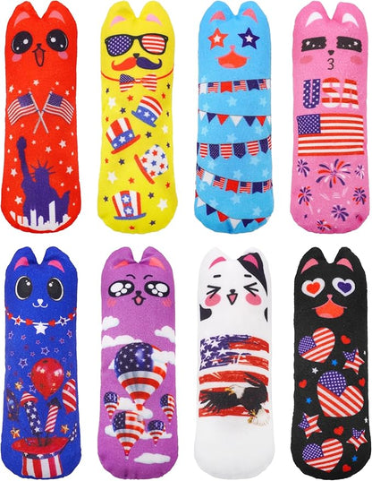 PET SHOW 8 Pack 4th of July Cat Kicker Toys with Catnip Patriotic Crinkle Sound Toys for Indoor Cats Star Stripe American Flag Patterns Plush Kittens Shape Natural Interactive Toys Pet Kitty