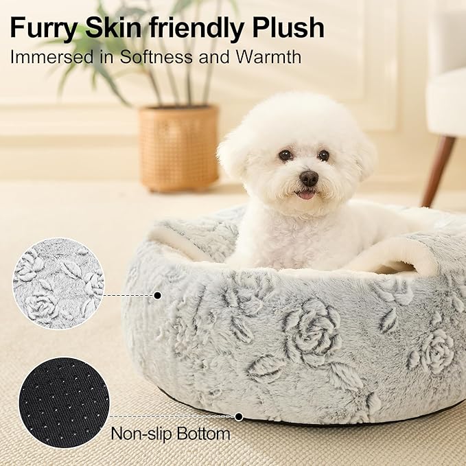 Calming Dog Beds & Cat Cave Bed with Hooded Cover,Removable Washable Round Beds for Small Medium Pets,Anti-Slip Faux Fur Fluffy Coved Bed for Improved Sleep,Fits up to 15/25 lbs(Rose,M)