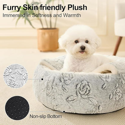 Calming Dog Beds & Cat Cave Bed with Hooded Cover,Removable Washable Round Beds for Small Medium Pets,Anti-Slip Faux Fur Fluffy Coved Bed for Improved Sleep,Fits up to 15/25 lbs(Rose,M)