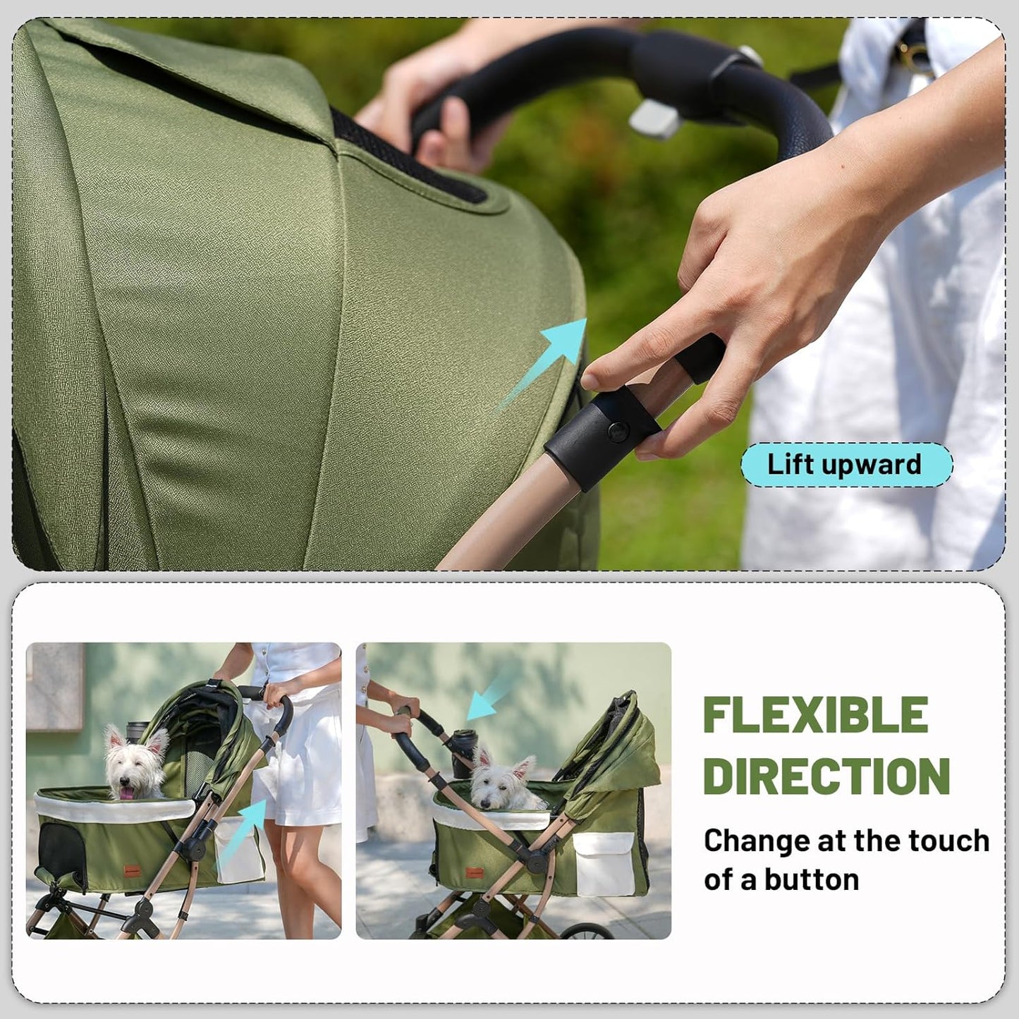 EchoSmile Small Medium Dogs Stroller 4-Wheel Pet Strollers for Medium Dogs Up to 50lbs, One Click Folding Large Cat Stroller, Reversible Handle, Shock Absorbing Wheels, Removable Washable Pad, Green