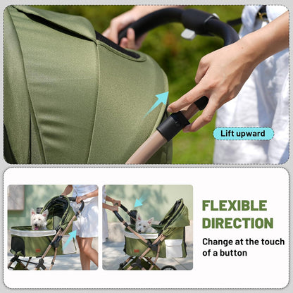 EchoSmile Small Medium Dogs Stroller 4-Wheel Pet Strollers for Medium Dogs Up to 50lbs, One Click Folding Large Cat Stroller, Reversible Handle, Shock Absorbing Wheels, Removable Washable Pad, Green
