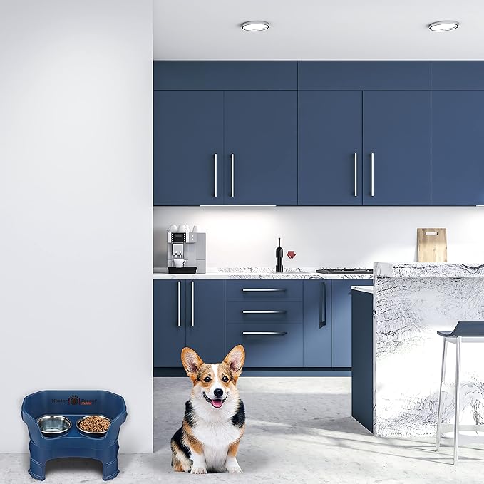 Neater Feeder Deluxe Mess Proof Dog Bowls Elevated Medium Sized Dogs (19-40 lbs) Made in USA, No Spill Raised Dog Food Bowl Stand w/Leg Extension, Stainless Steel Food and Water Bowl Set, Dark Blue