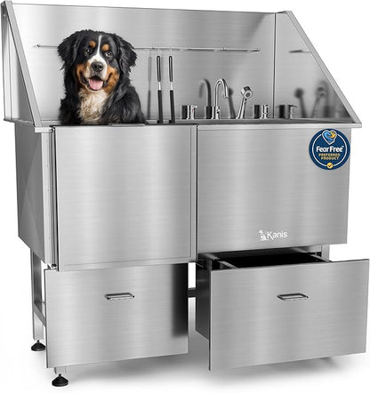 KANIS Professional Dog Washing Station - 304 Stainless Steel Pet Wash Sink & Grooming Bathtub w/Shower, Floor Grates and Storage for Large, Medium & Small Pets (50", 2 Drawers - Left Ramp)
