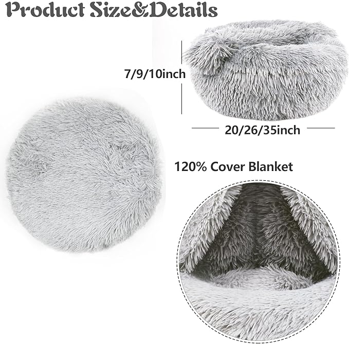 ShinHye Round Plush Fluffy Hooded Cat Bed Cave, Cozy for Indoor Cats or Small Dogs, Waterproof Bottom, Washable