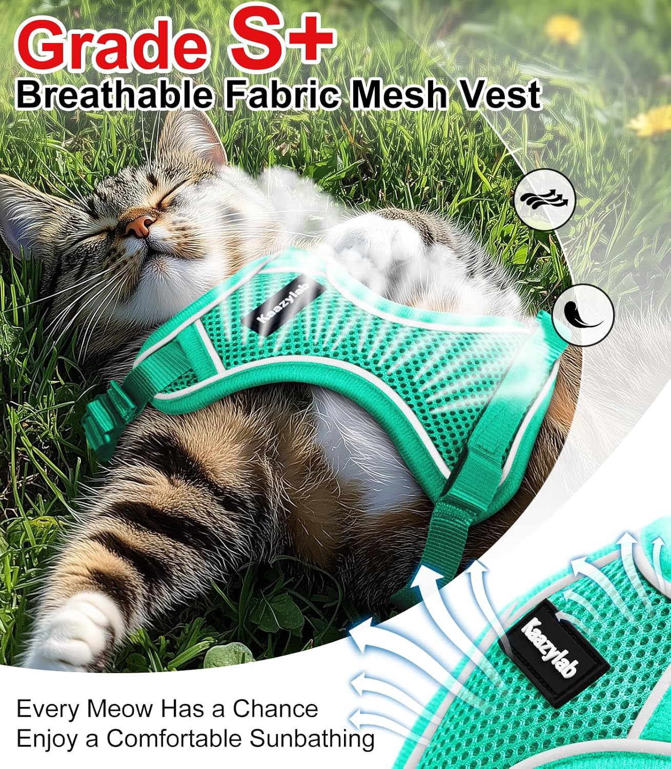 Cat Harness and Leash for Walking Escape Proof Soft Adjustable Cat Leash Breathable Comfortable Vest Easy to Wear Kitten Harness for Outdoor Travel Emerald S
