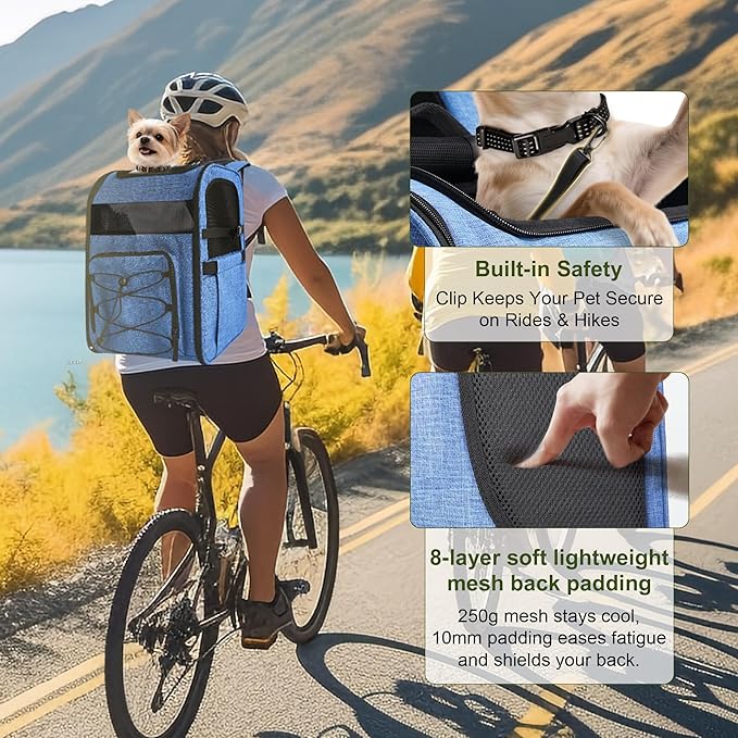 Dog Carrier Backpack for Small Dogs – Breathable and Comfortable Pet Travel Bag with, Safety Buckle and Adjustable Straps, Ideal for Hiking and Outdoor Adventures, Elevated Pad, Blue
