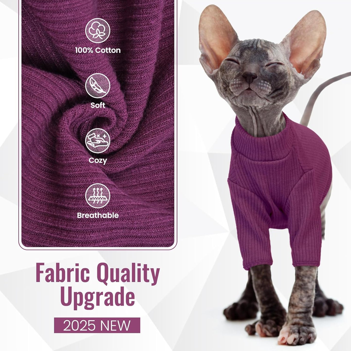 DENTRUN Sphynx Hairless Cats Shirt Pullover Kitten T-Shirts, Breathable Cat Wear Turtleneck Sweater Adorable Cat's Clothes Vest Pajamas Jumpsuit