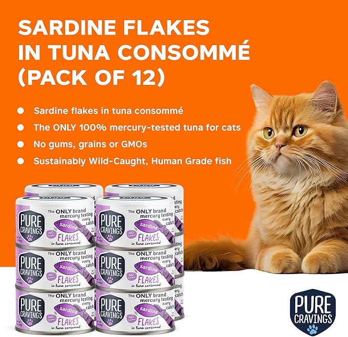 Pure Cravings Sardine Flakes in Tuna Consommé, Canned Wet Cat Food Soup, 100% Mercury-Tested, Moist Can Fish, Grain-Free Protein, Non-GMO, 3oz, Pack of 12
