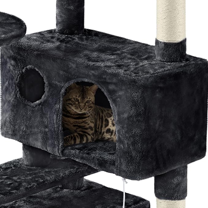 Yaheetech 62in Cat Tree Tower for Indoor Cats, Furniture w/Double Condo, Scratching Posts, Multiple Platforms and Balls for Kittens, Black
