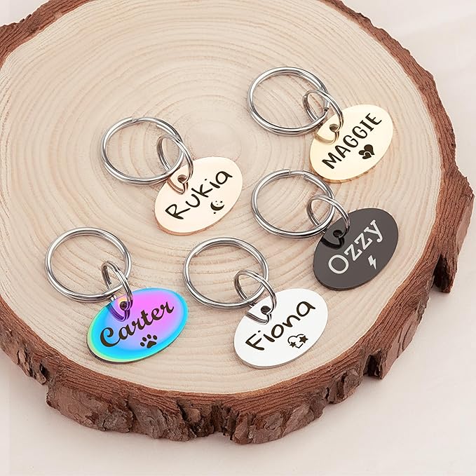 Anavia Small Size Dog Cat ID Tags, Small/XS Personalized Color Plated Stainless Steel Puppy Kitten Name Tags, Customized Engraved Nameplate Pet Collar Tag (Black, Oval)