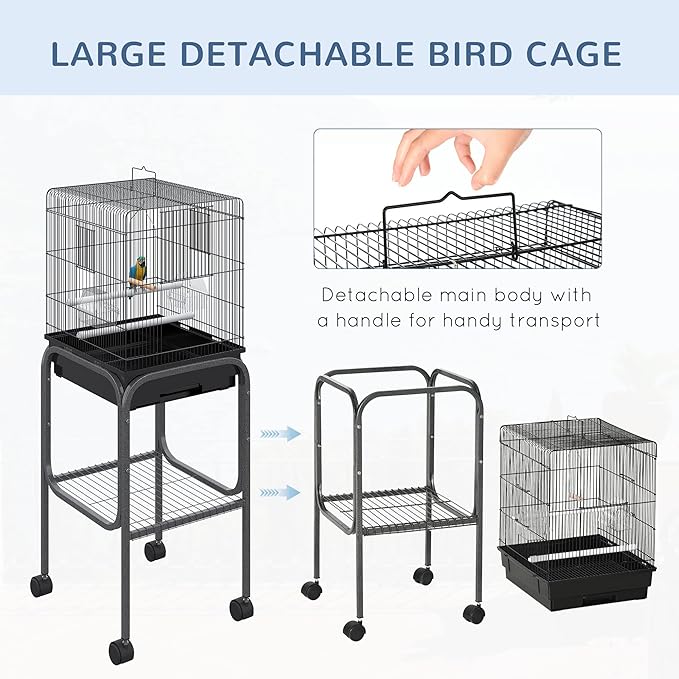 Pawhut 45-inch Metal Indoor Bird Cage, Parrot Cage, Bird Aviary with Detachable Rolling Stand, Storage Basket, and Accessories - Black