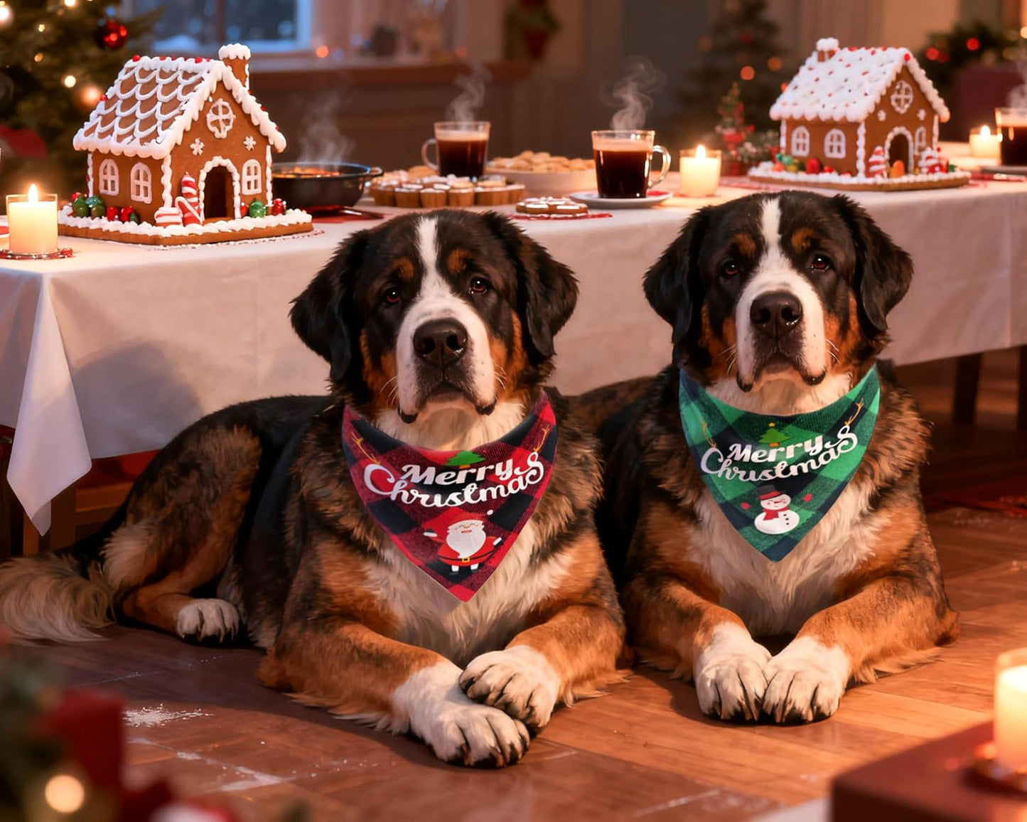 Christmas Dog Bandanas 2PCS-XLarge,Classic Plaid Triangle Holiday Scarf with Santa and Snowman Prints,Winter Pet Outfit for Boy and Girl Dogs,Red Green Plaid Dog Costume for Extra Large Dogs