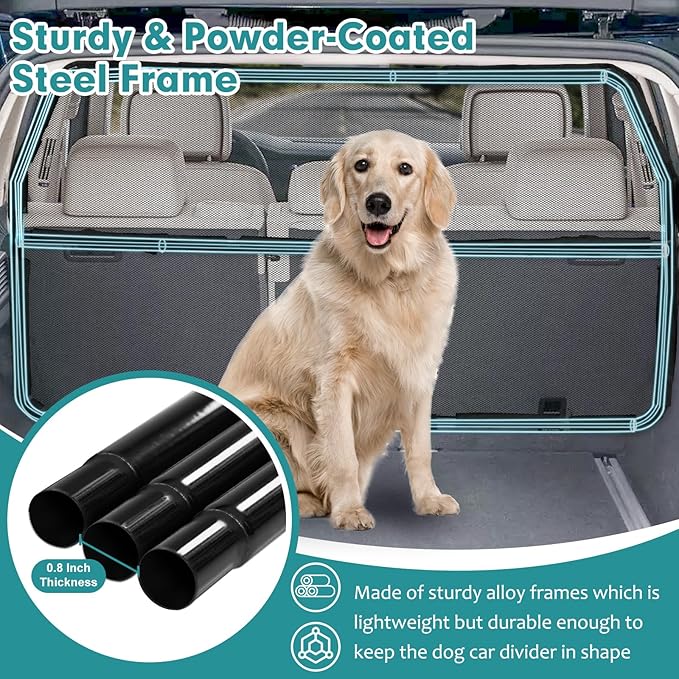 Dog Car Barrier Escape-Proof, 50" Wide Car Divider for 2nd 3rd Row Seats & Cargo Area, Durable Back Seat Car Gate Trunk Barrier with See Through Net Mesh for Small Trucks & SUV & Mid-Sized Vehicle