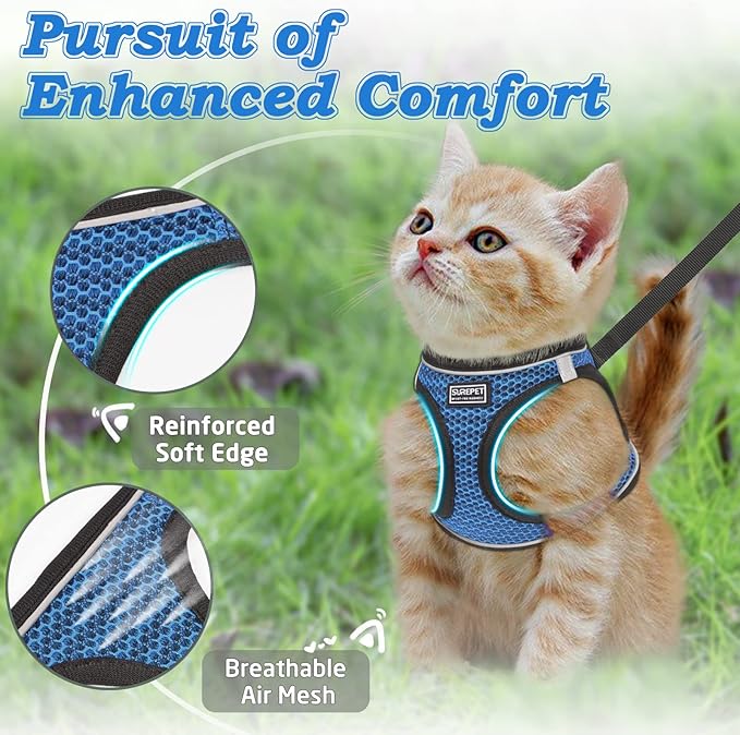 Cat Harness and Leash for Walking Escape Proof, Adjustable Kitten Vest Harness Reflective Soft Mesh Puppy Harness for Outdoor, Comfort Fit, Easy to Control (Blue, XS)