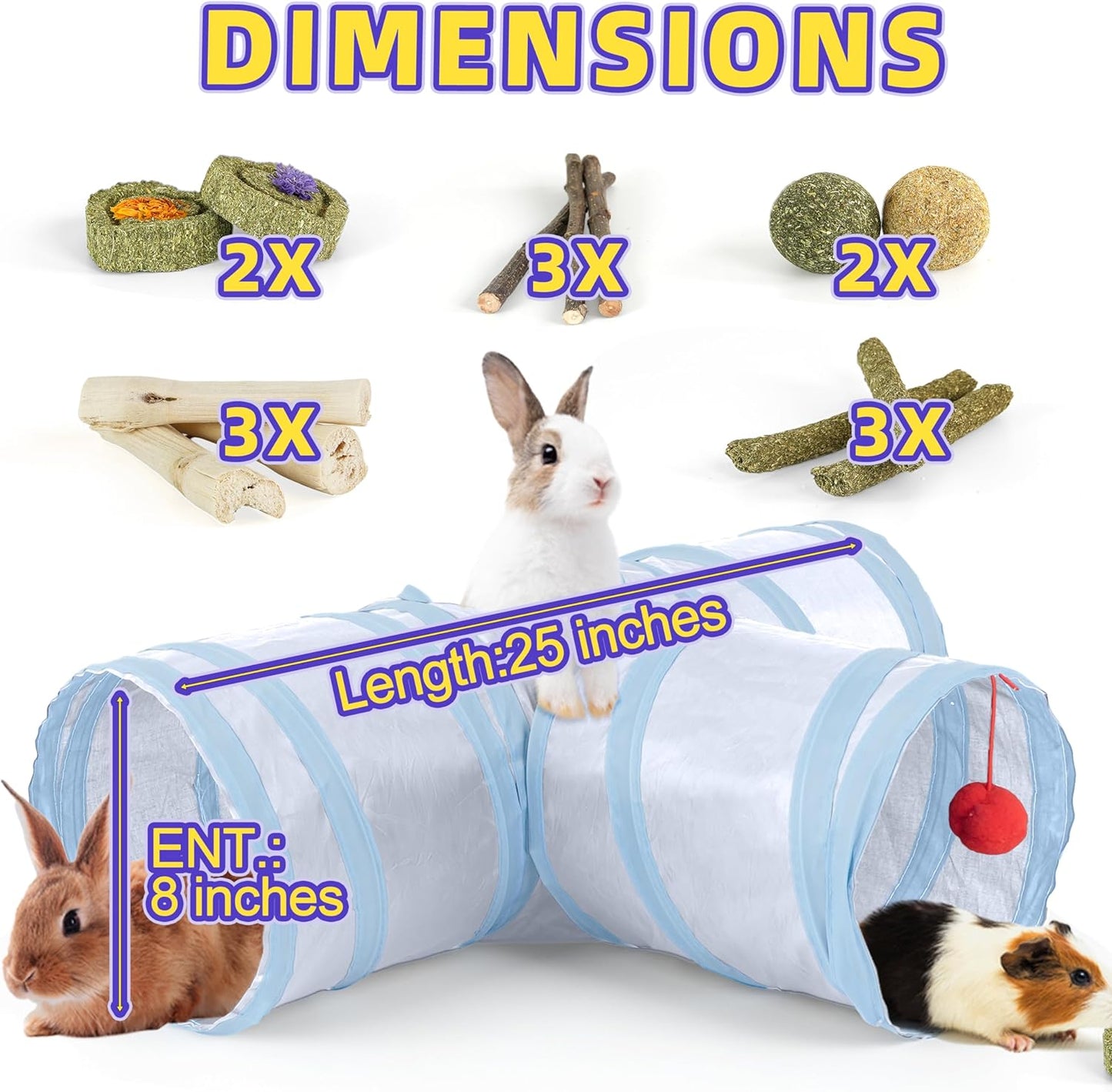 Bunny Tunnels & Tubes Collapsible 3 Way Rabbit Hideout with 13pcs Toys for Bunny Guinea Pig Hamster Chinchilla Hedgehog Rat Ferret Kitten (GY&BU)