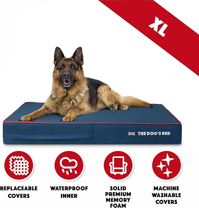 The Dog’s Bed Orthopedic Memory Foam Dog Bed, XL Blue Oxford with Red Trim UK Flag, Pain Relief for Arthritis, Hip & Elbow Dysplasia, Post Surgery, Supportive, Calming, Waterproof Washable