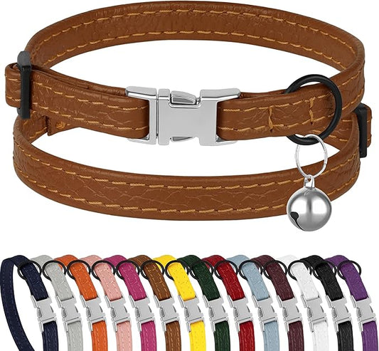Leather Cat Collar with Buckle and Removable Bell - Non Breakaway Adjustable Soft Safety Small Pet Collars for Girl Boy Cats Kitten (Brown)