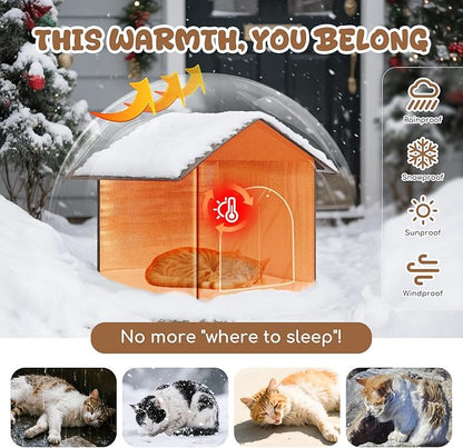 Insulated Outdoor Cat House Weatherproof, Winter Cat Houses for Outdoor Cats with Heated-Foil, Waterproof Feral Stray Cat Shelter with Warm Mat and Door Curtain, Easy to Assemble, Brown