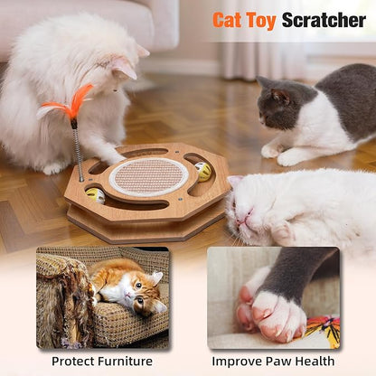 Interactive Toy Cat Scratcher, Sisal Scratching Pad, Kitten Toy Wood with Bell Ball Track, Feather Teaser for Mental Physical Exercise Puzzle