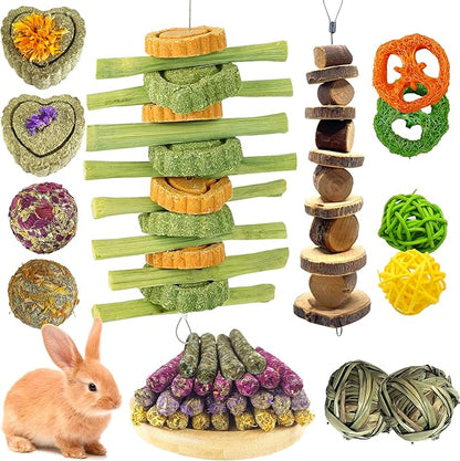 22Pcs Bunny Chew Toys for Rabbits Teeth, Natural Rabbit Toys Apple Wood Sticks, Carrot, Timothy Grass Treats for Small Pets, Hamster, Chinchilla, Guinea Pig