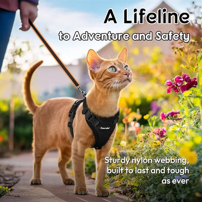 Dooradar Cat Harness and Leash Set, Escape Proof Safe Adjustable Kitten Vest Harnesses for Walking, Easy Control Soft Breathable Mesh Jacket with Reflective Strips for Cats, Black, XS