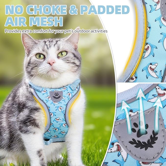 PUPTECK Cat Harness and Leash Set Escape Proof Reflective Cat Walking Harness Adjustable Soft Breathable Mesh Vest for Small Pets, Blue Sharks, M