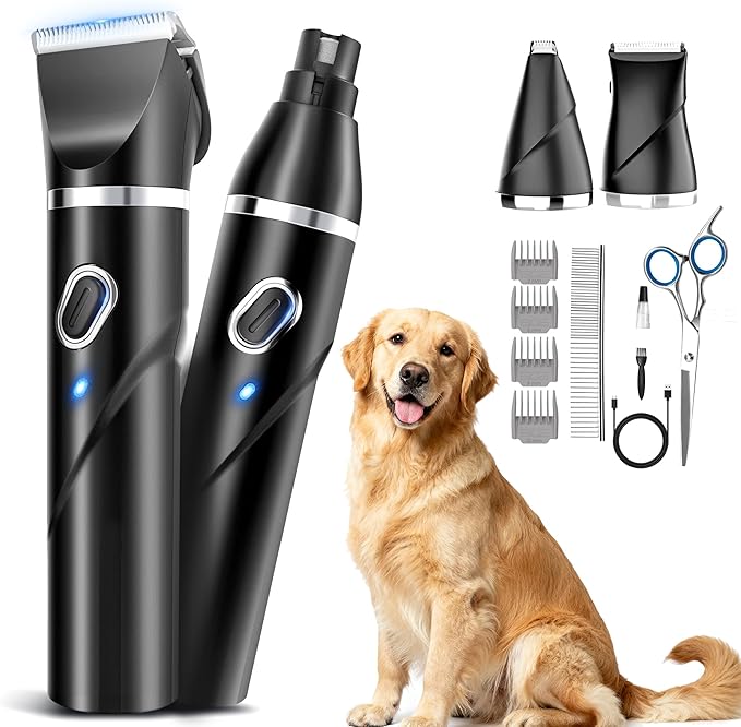 4 in 1 Dog Grooming Kit for Thick Hair, 2000mAh Heavy Duty Dog Clippers for Grooming, 2-Speed Low Noise Dog Paw Trimmer with Nail Grinder for Body, Paws, Nail, Face, Ears, Legs