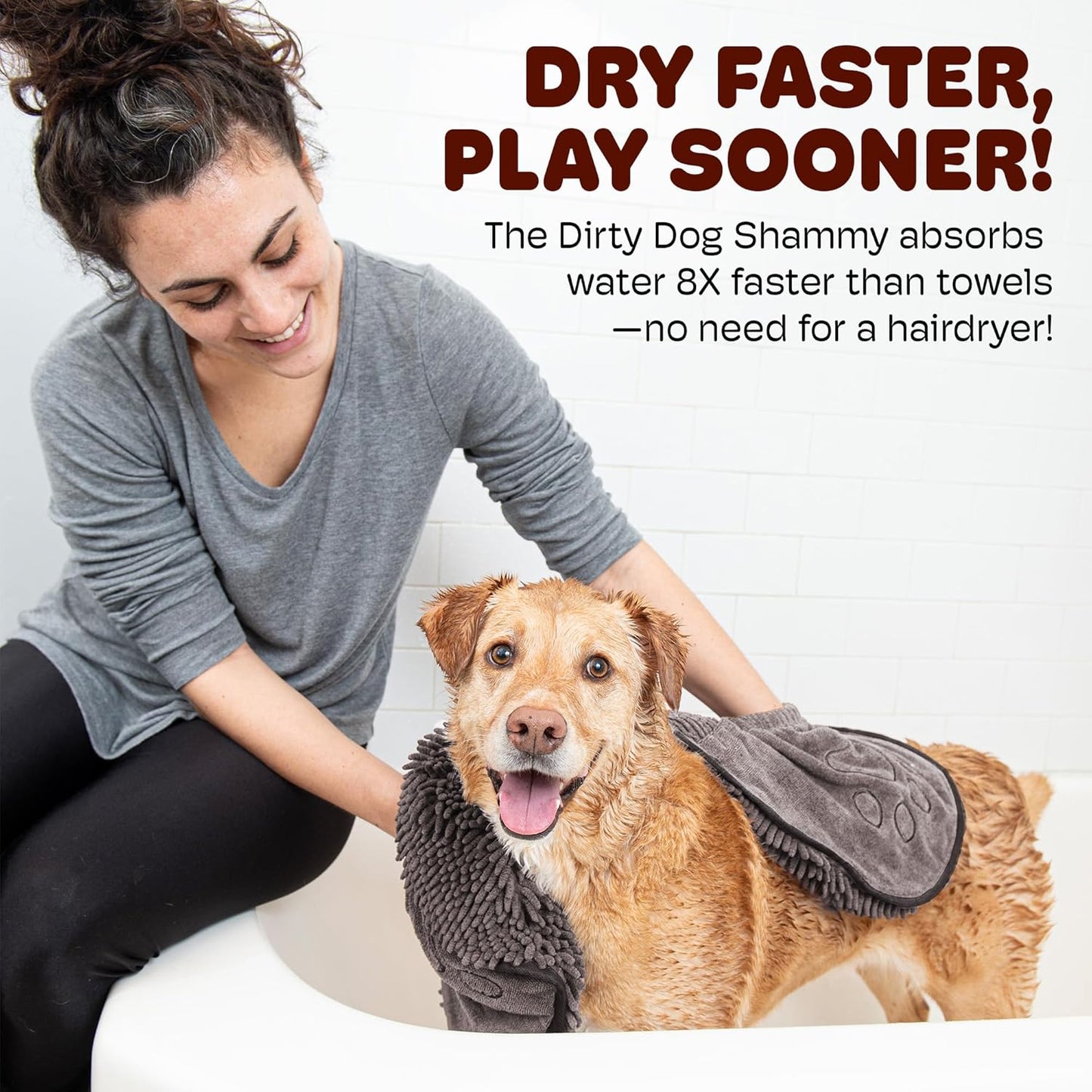 Dog Gone Smart The Dirty Dog Shammy - Fast Drying Plush Shammy Towel with Dual Hand Pockets and Elastic - Super Absorbent Microfiber and Machine Washable - Brown
