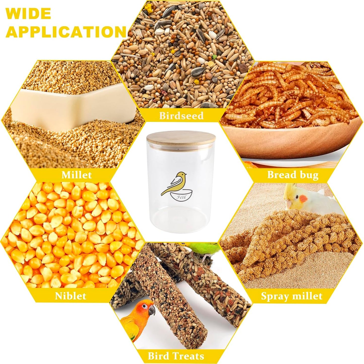 Bird Seed Storage Container,Circle Glass Bird Food Container with Airtight Wood Lid,Pet Food Storing with Birds Seed Scoop,for Wild Small Birds Food Storage,Birdfeed,Nuts(Clear)