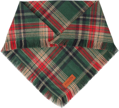 PTDECOR Christmas Dog Bandanas with Tassels Edges, 2 Pack Red Green Plaid Scarf Bib, Reversible Triangle Xmas Bandanas for Small Dogs Puppies Cats(Small)