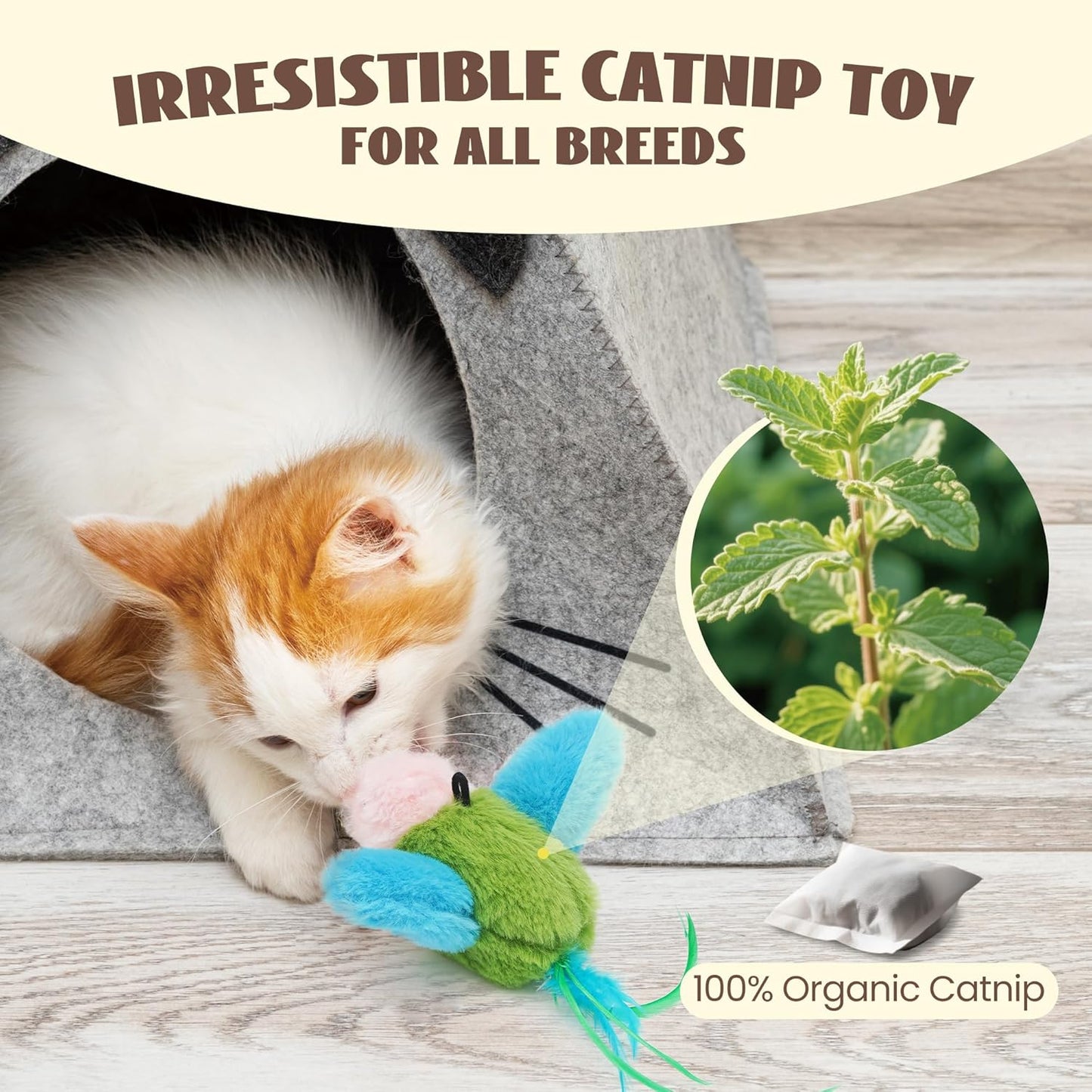 Flapping Bird Cat Toy, Interactive Catnip Kitten Toy with Lifelike Chirping, Rechargeable & Touch Activated for Bored Indoor Adult Cats of All Breeds, Green