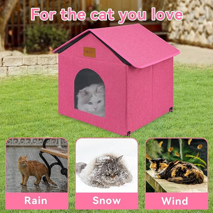Outdoor Cat House for Shelter Feral Cat, Outside Waterproof Cat House for Outdoor/Indoor Cats, Insulated Cat Bed for All Seasons with Cozy Cushion (Rose Pink, Large Zip Style)