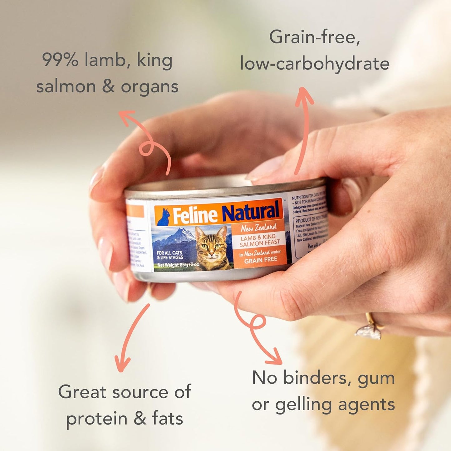 Feline Natural New Zealand Canned Catfood Wet Food, High-Meat, Low-Carb, & Grain Free Cat Food Wet, Lamb & Salmon Feast, 3 oz, Pack of 24