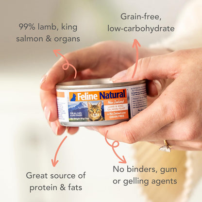 Feline Natural New Zealand Canned Catfood Wet Food, High-Meat, Low-Carb, & Grain Free Cat Food Wet, Lamb & Salmon Feast, 3 oz, Pack of 24