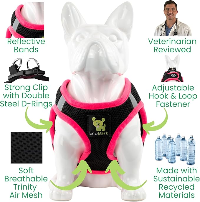 EcoBark Step in Dog Harness - Eco-Friendly Dog Harnesses for Small and Medium Breed Dogs - Reflective and Adjustable Body Halter Vest - Soft Mesh Toy Breed Harness (Black and Pink, Large)
