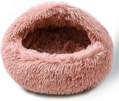 Cat Bed for Indoor Cats, Calming Cozy Cave with Self-Warming Plush, Entire Bed Machine Washable & Anti-Slip Base, Breathable Pet Bed for Small Cats&Dogs All Seasons (Leather Pink, 24 * 24inch)
