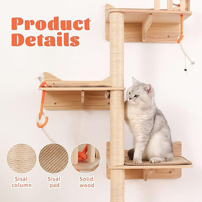 Wall Mounted Cat Tree - 7 PCS Cat Wall Shelves & Perches with Tall Sisal Scratching Posts, Wall Mount Cat Climbing Tree & Space-Saving Furniture for Indoor Cats to Climb, Scratch & Lounge