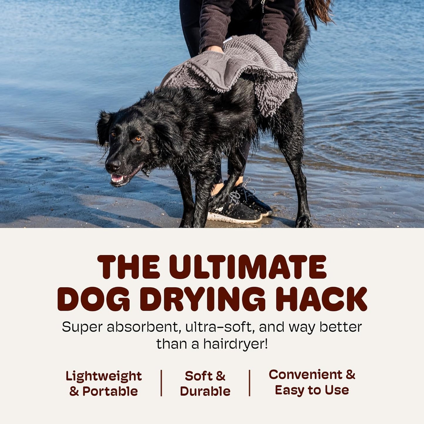 Dog Gone Smart The Dirty Dog Shammy - Fast Drying Plush Shammy Towel with Dual Hand Pockets and Elastic - Super Absorbent Microfiber and Machine Washable - Grey