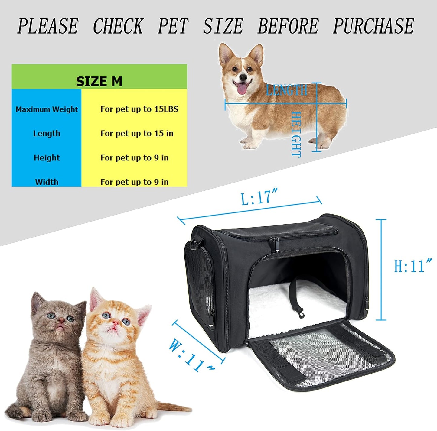 Soft Sided Carrier for Small Medium Cats Dogs,TSA Airline Approved Collapsible Travel Pet Carrier Medium Black