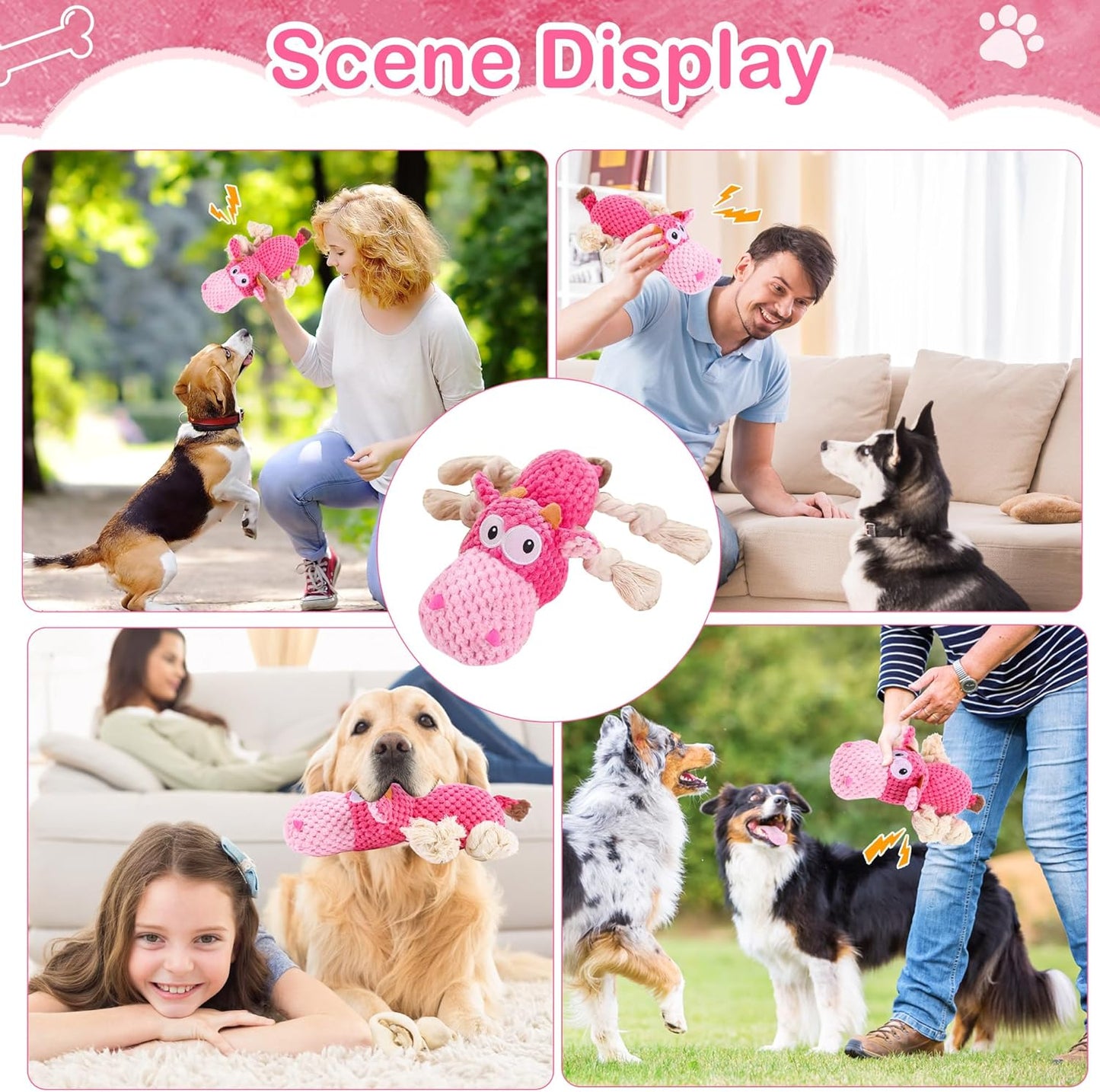 Dog Squeak Toys, Chew Rope for Small & Medium Breeds, Puppy Teething Interactive Plush Toy to Keep Them Busy, Best Birthday, Christmas, Halloween, Easter Gift, Hippo