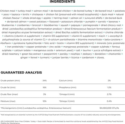 Go! Solutions Carnivore, Grain-Free, Protein Rich Dry Dog Food, Chicken, Turkey and Duck Adult Recipe, 3.5 lb Bag